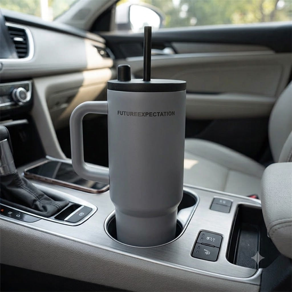 Grey stainless steel water tumbler bottle with handle and straw-4