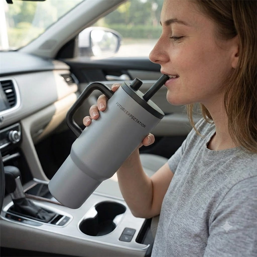 Grey stainless steel water tumbler bottle with handle and straw-6