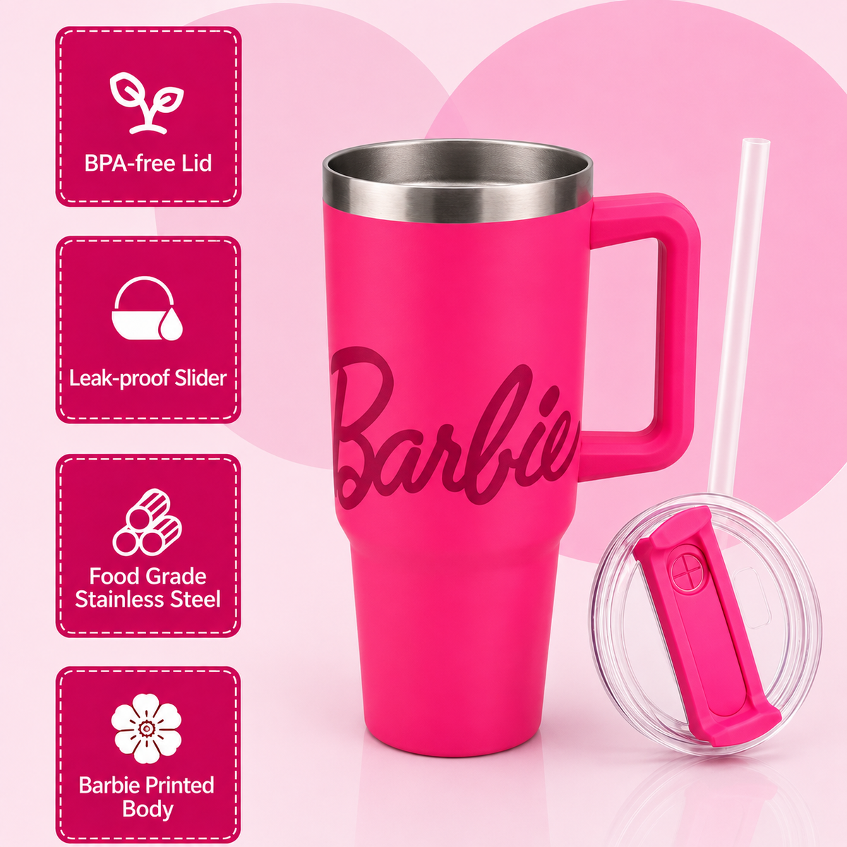 Hot pink stainless steel water tumbler bottle with Barbie design-1