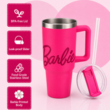Hot pink stainless steel water tumbler bottle with Barbie design-1