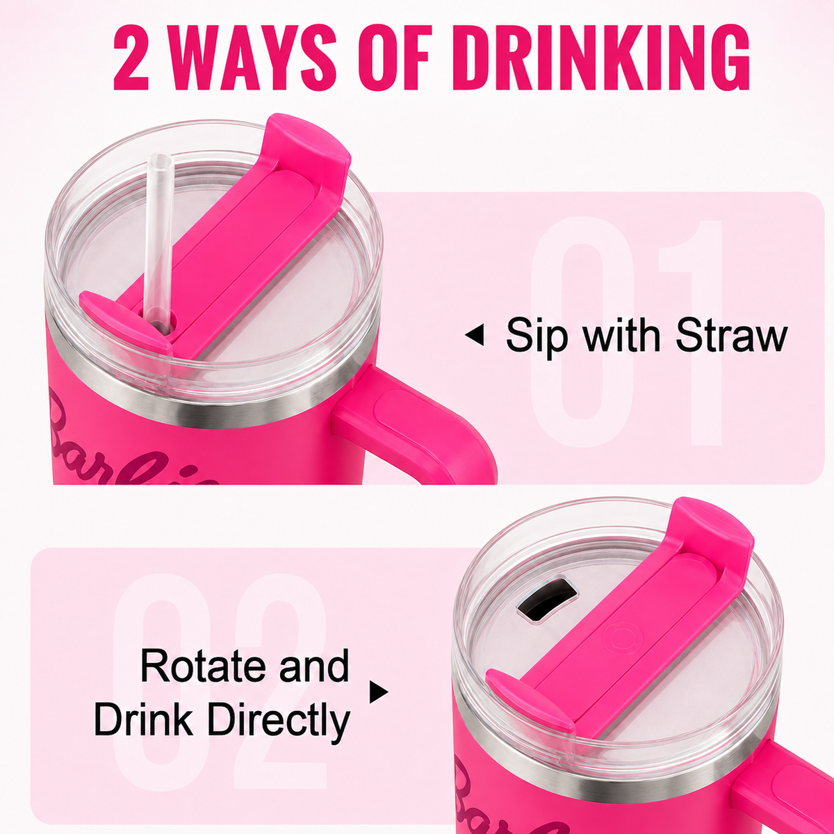 Hot pink stainless steel water tumbler bottle with Barbie design-2