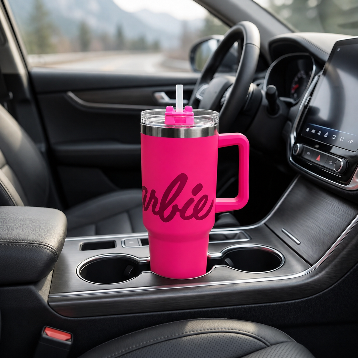 Hot pink stainless steel water tumbler bottle with Barbie design-3