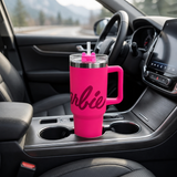Hot pink stainless steel water tumbler bottle with Barbie design-3
