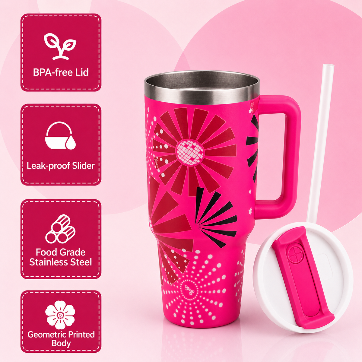 Hot pink stainless steel water tumbler bottle with geometric design-1