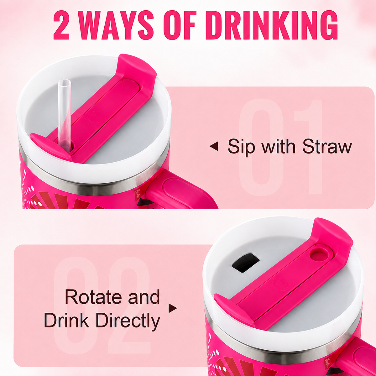 Hot pink stainless steel water tumbler bottle with geometric design-2