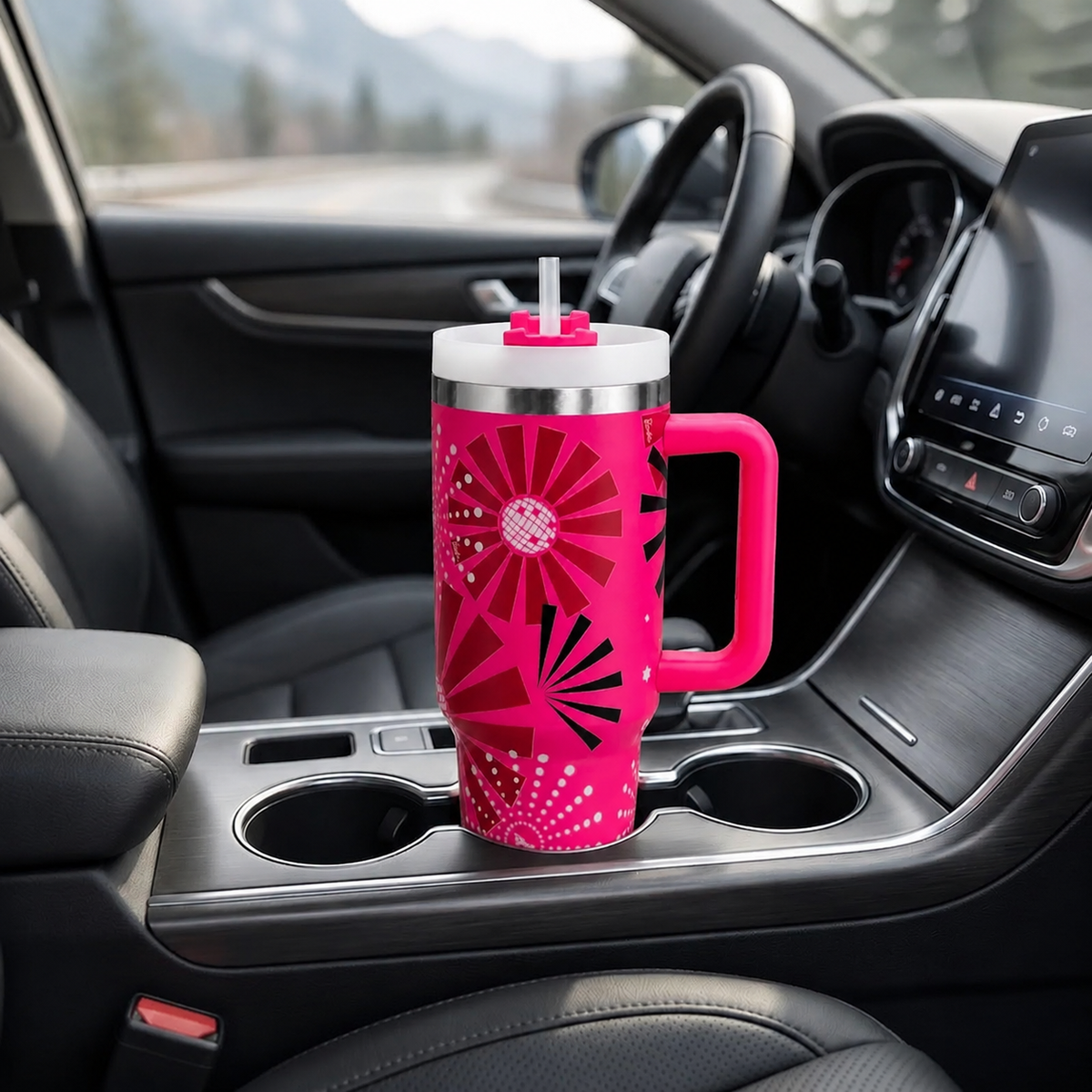 Hot pink stainless steel water tumbler bottle with geometric design-3