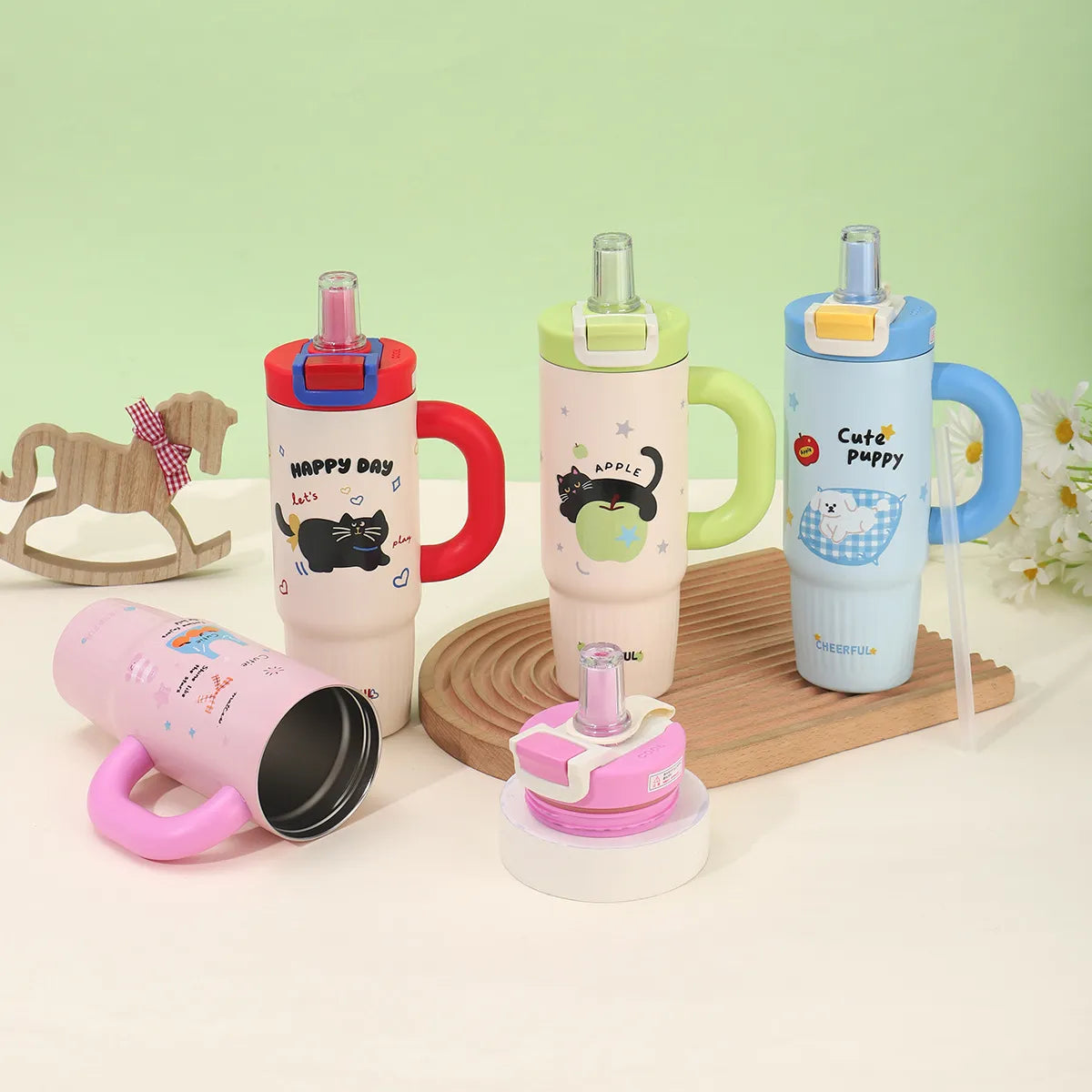 "Cheerful" Cute Apple Cat Tumbler -  Green