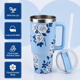 Light blue stainless steel water tumbler bottle with white rose design-1