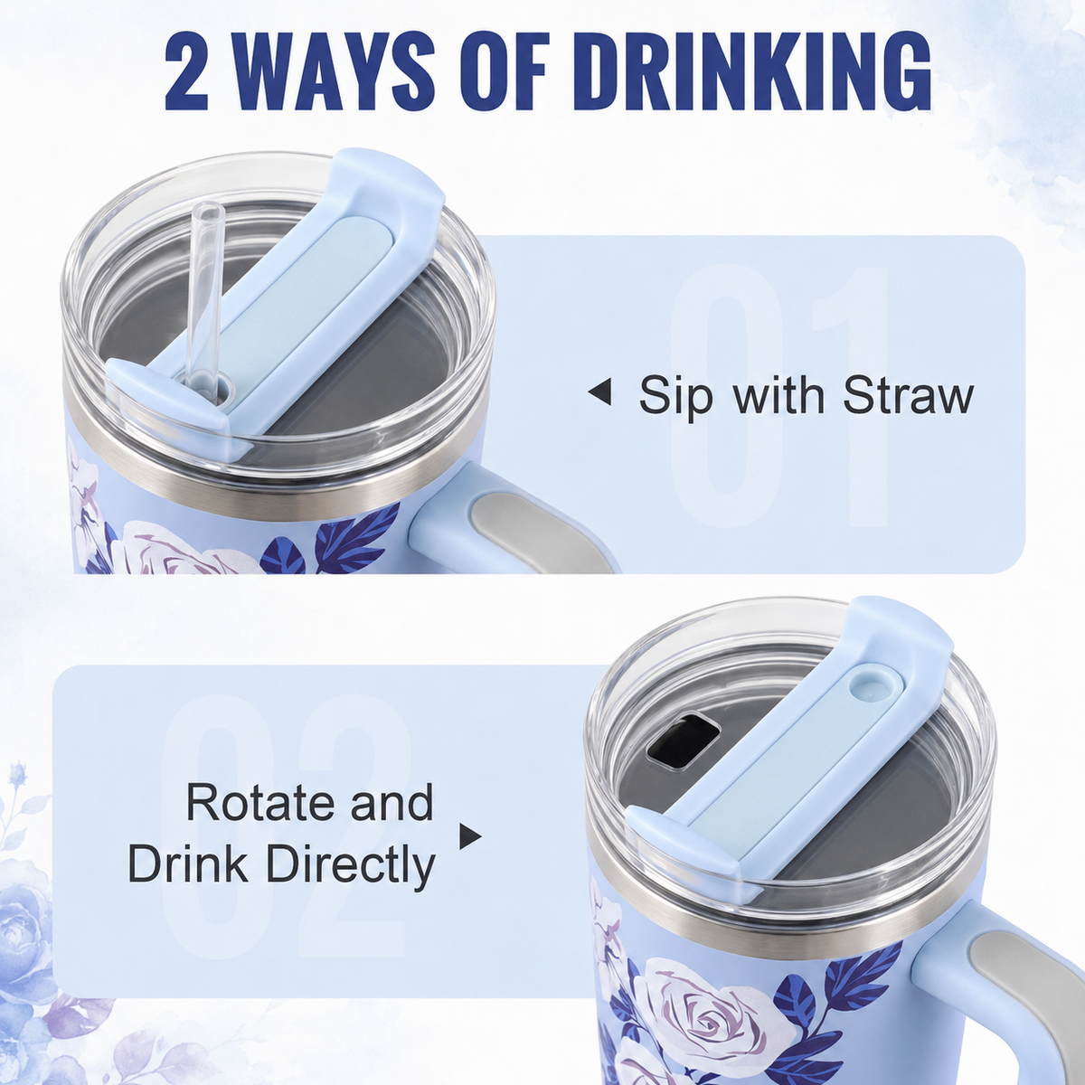 Light blue stainless steel water tumbler bottle with white rose design-2