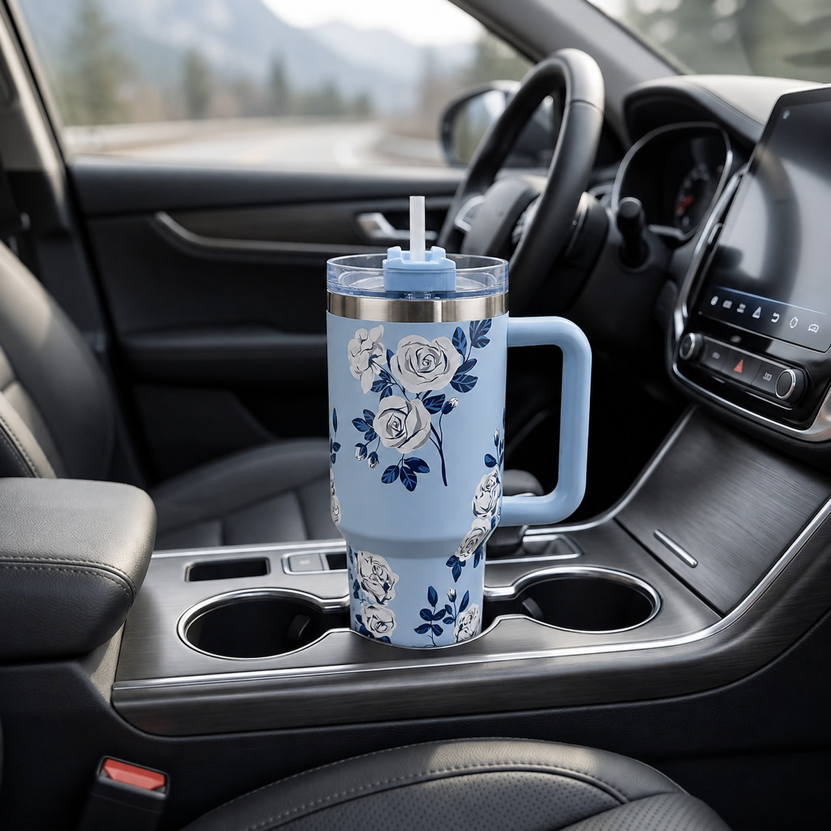 Light blue stainless steel water tumbler bottle with white rose design-3
