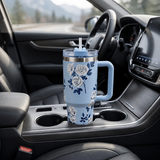 Light blue stainless steel water tumbler bottle with white rose design-3