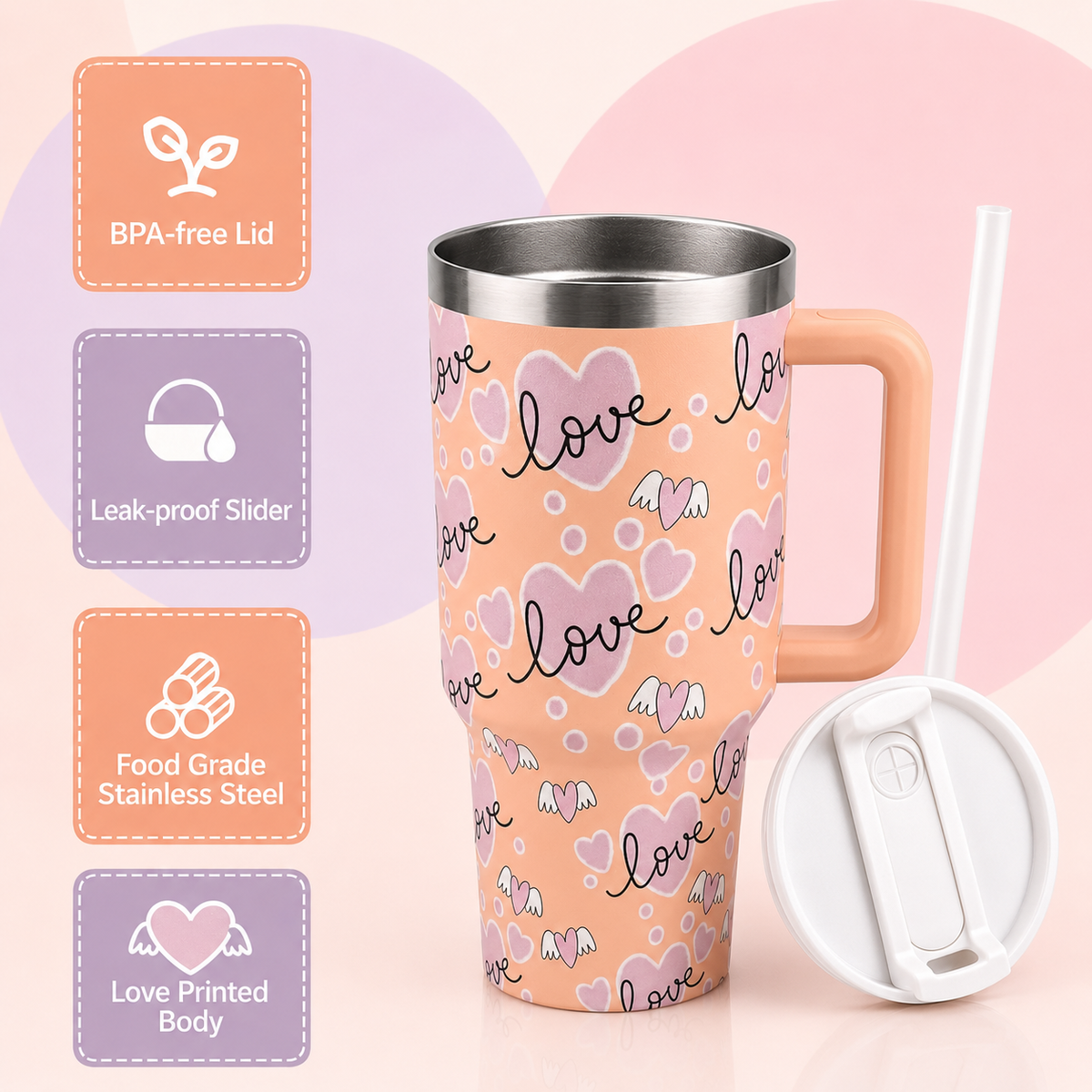 Peach stainless steel water tumbler bottle with love hearts-1