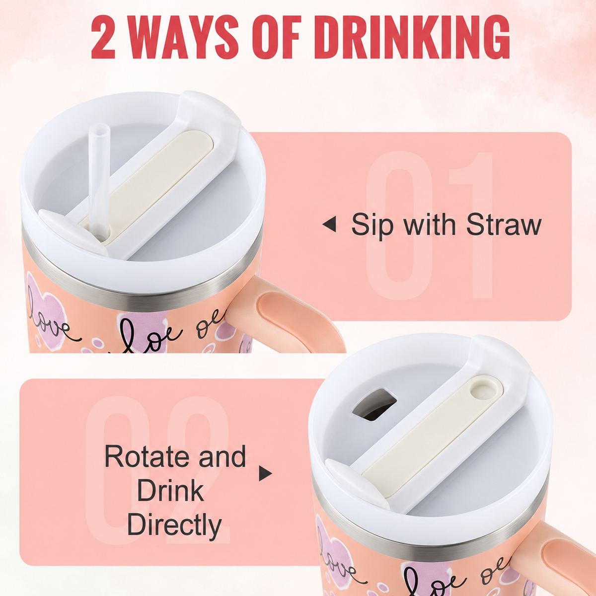 Peach stainless steel water tumbler bottle with love hearts-2
