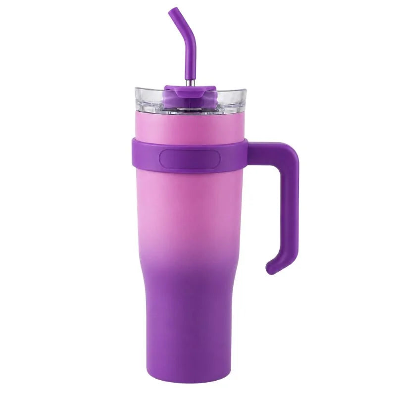 Pink and purple gradient insulated travel tumbler with handle, clear lid and reusable straw-4