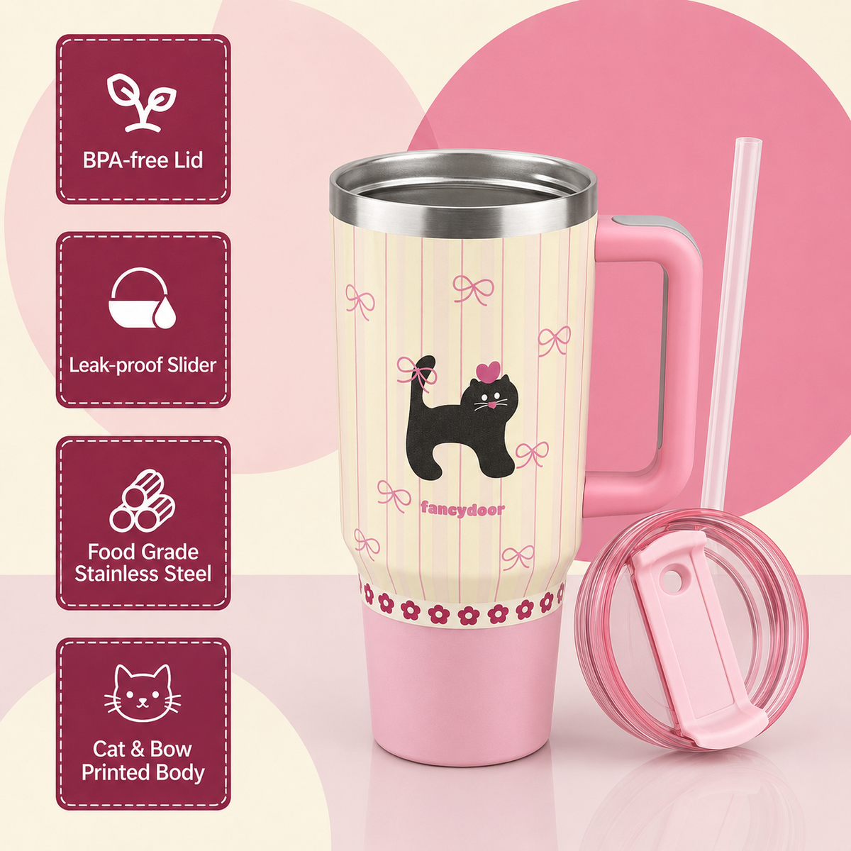 Pink stainless steel water tumbler bottle with black cat design-1