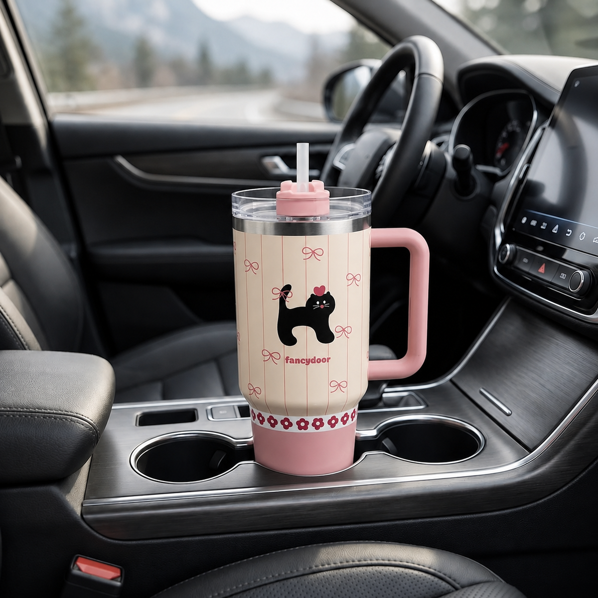 Pink stainless steel water tumbler bottle with black cat design-2