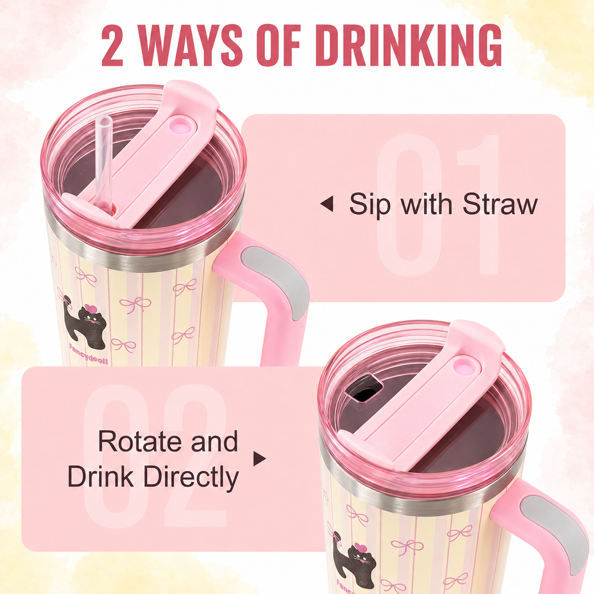 Pink stainless steel water tumbler bottle with black cat design-3