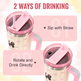 Pink stainless steel water tumbler bottle with black cat design-3