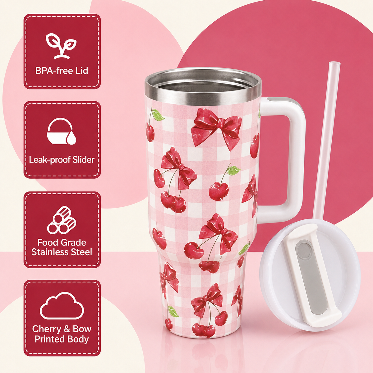 Pink stainless steel water tumbler bottle with cherry and bow design-1