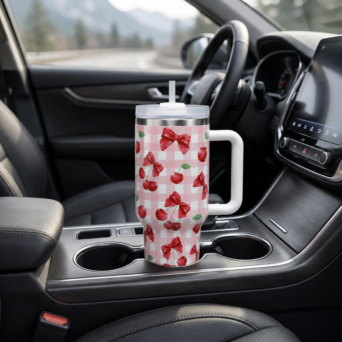 Pink stainless steel water tumbler bottle with cherry and bow design-3