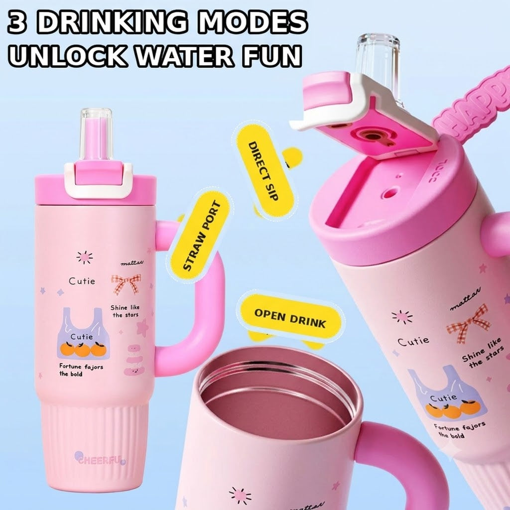 Pink stainless steel water tumbler bottle with Cutie design-1