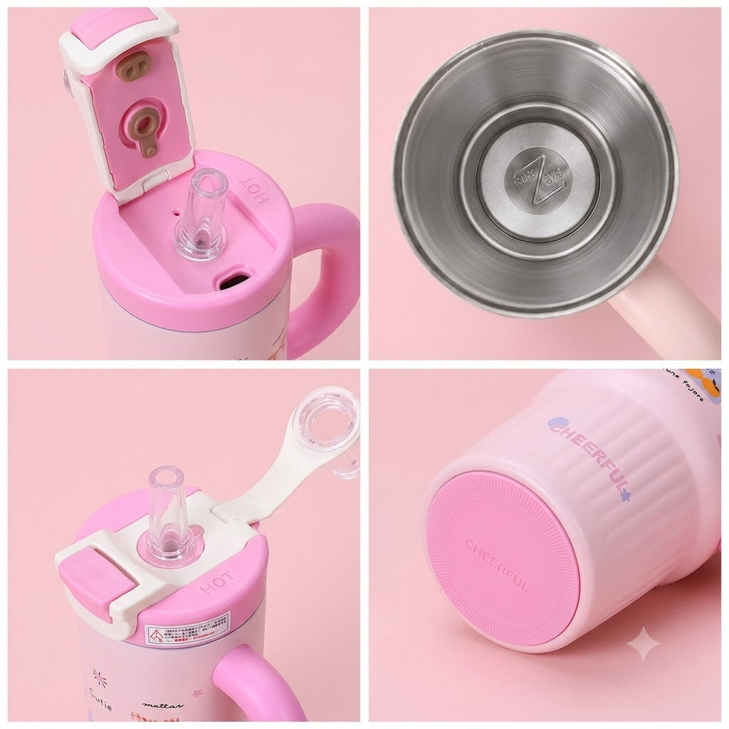 Pink stainless steel water tumbler bottle with Cutie design-2