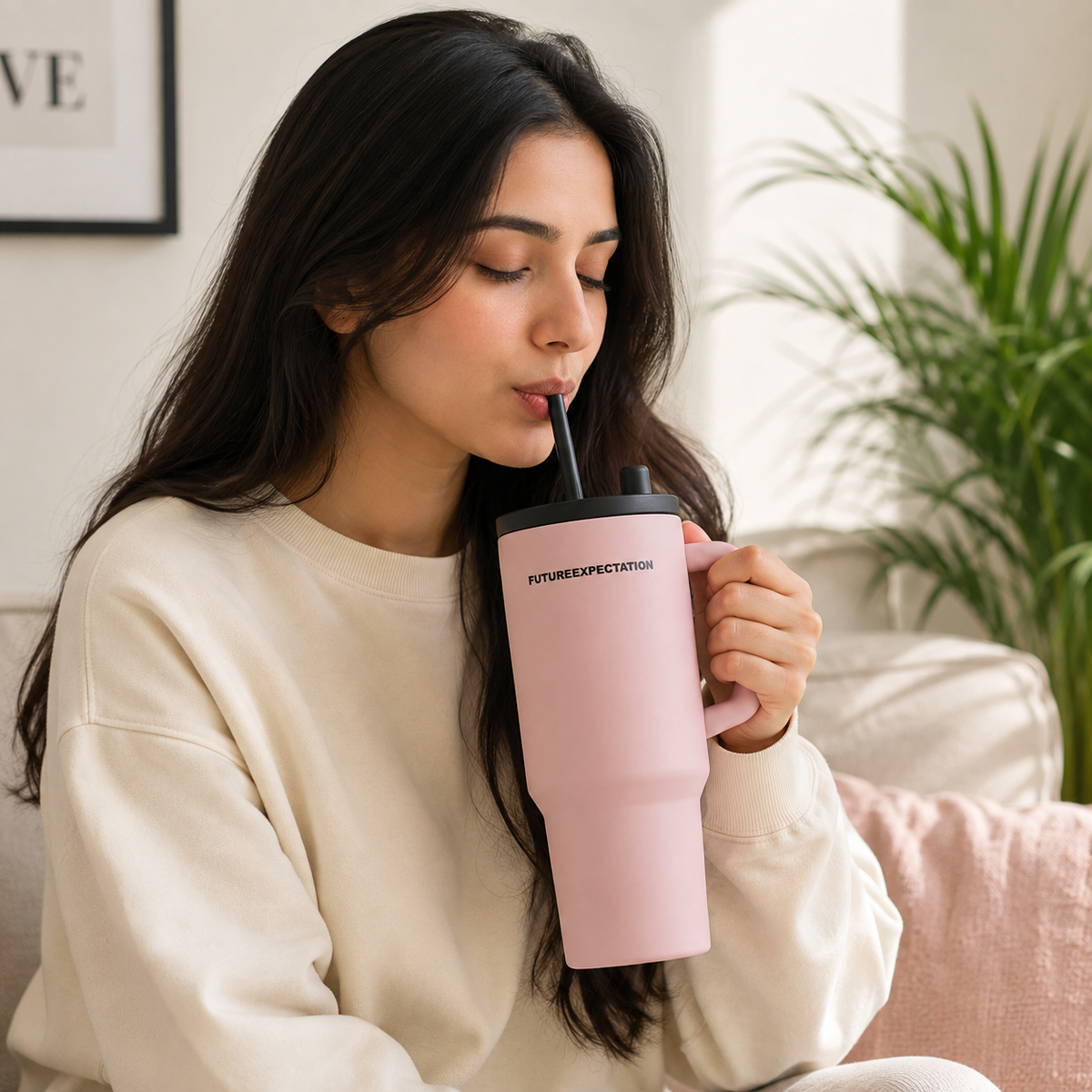 Pink stainless steel water tumbler bottle with handle and straw-4