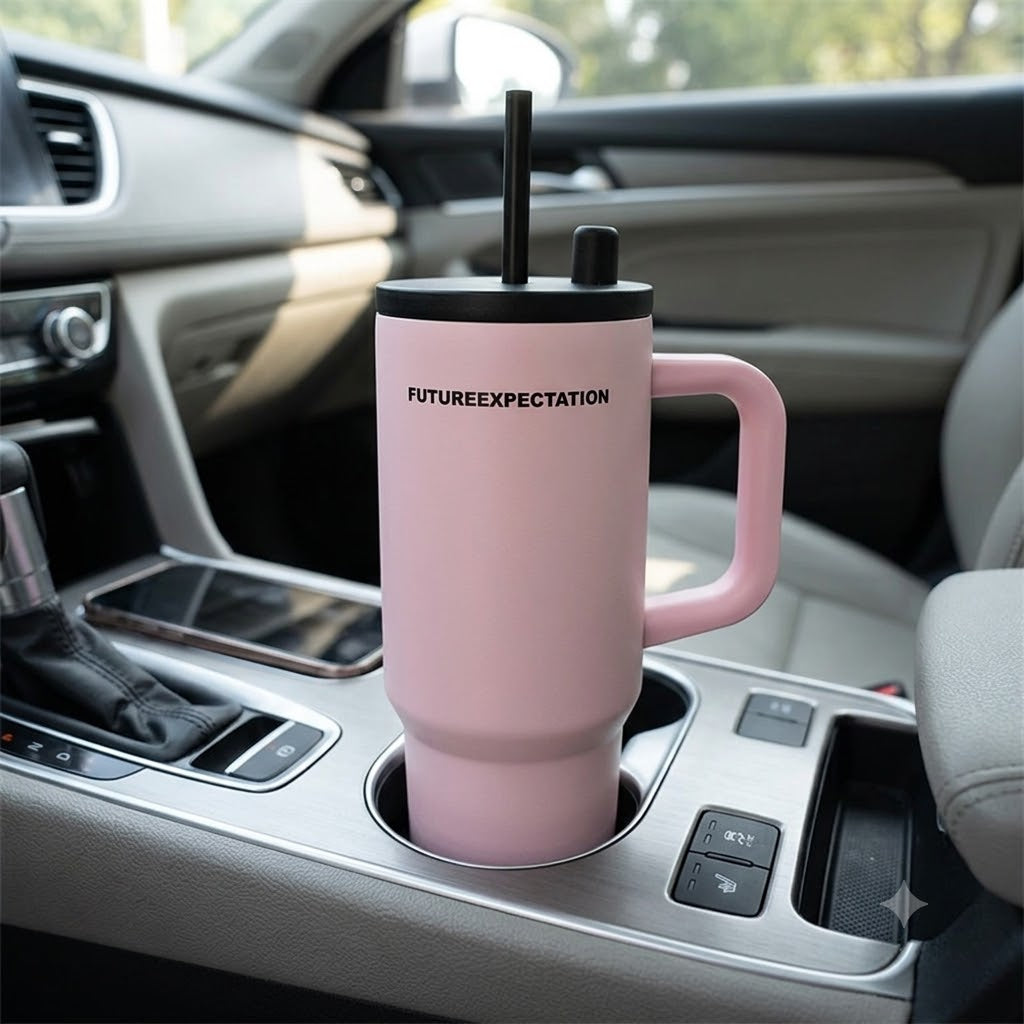 Pink stainless steel water tumbler bottle with handle and straw-6