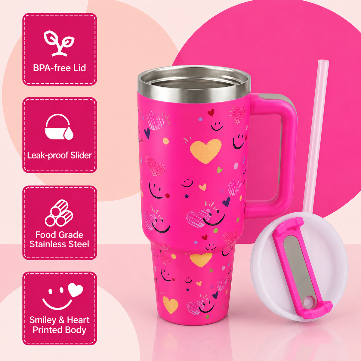 Pink stainless steel water tumbler bottle with hearts and smiley design-1