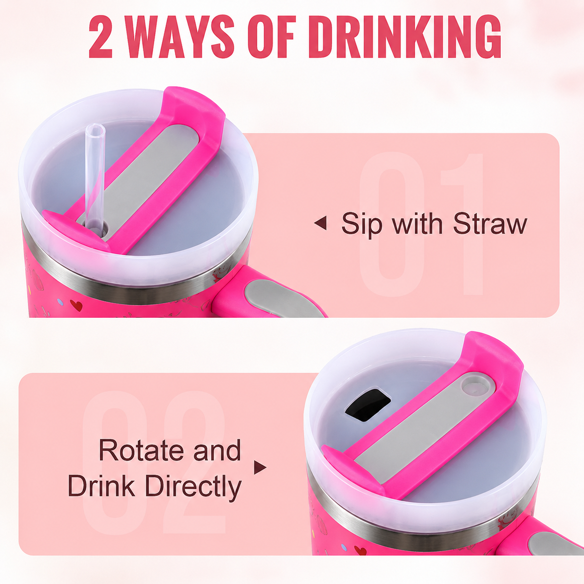 Pink stainless steel water tumbler bottle with hearts and smiley design-2