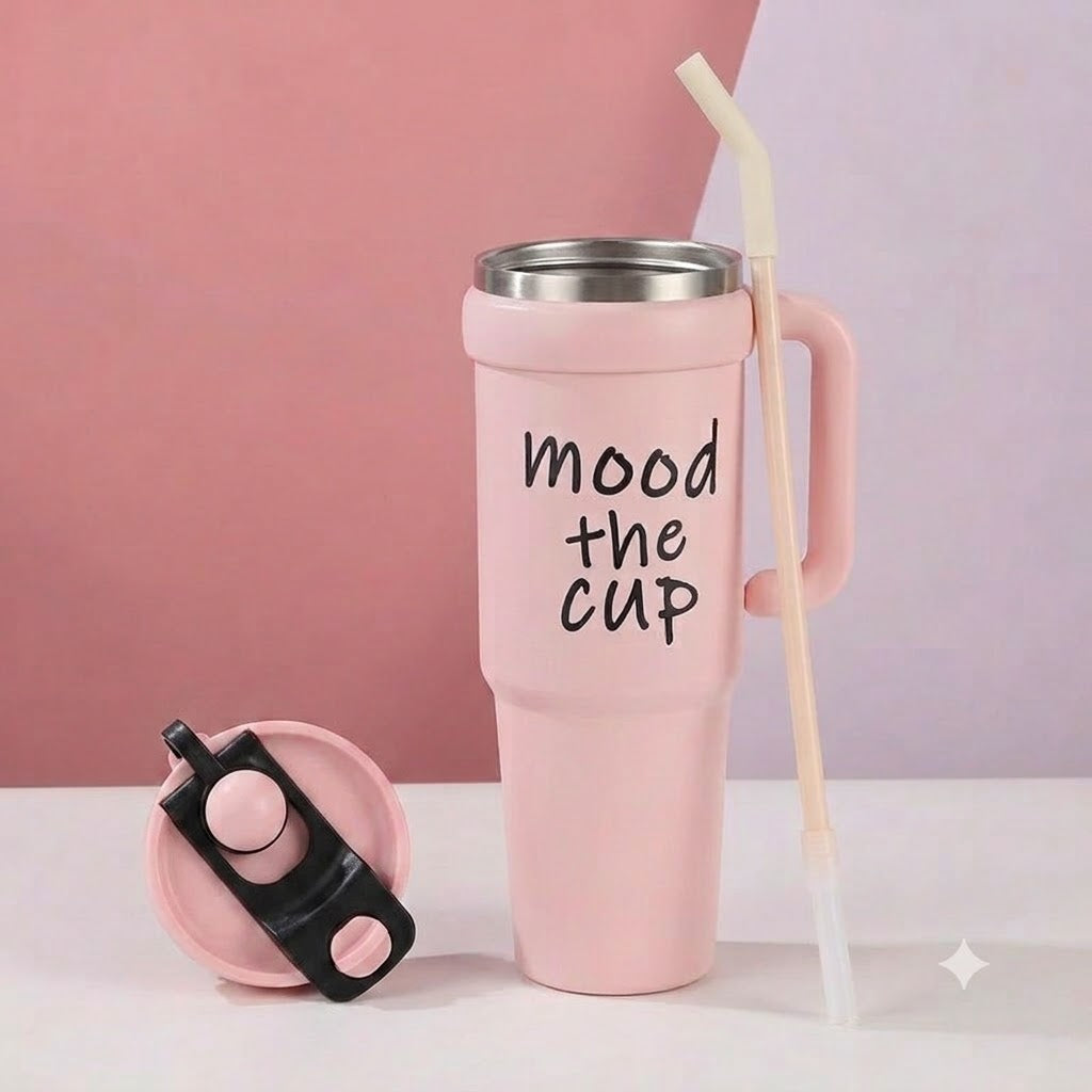 Pink stainless steel water tumbler bottle with Mood the Cup design-1