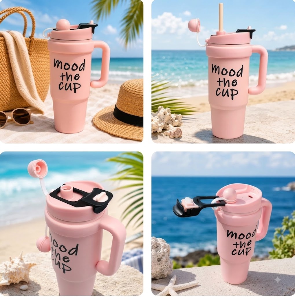 Pink stainless steel water tumbler bottle with Mood the Cup design-2
