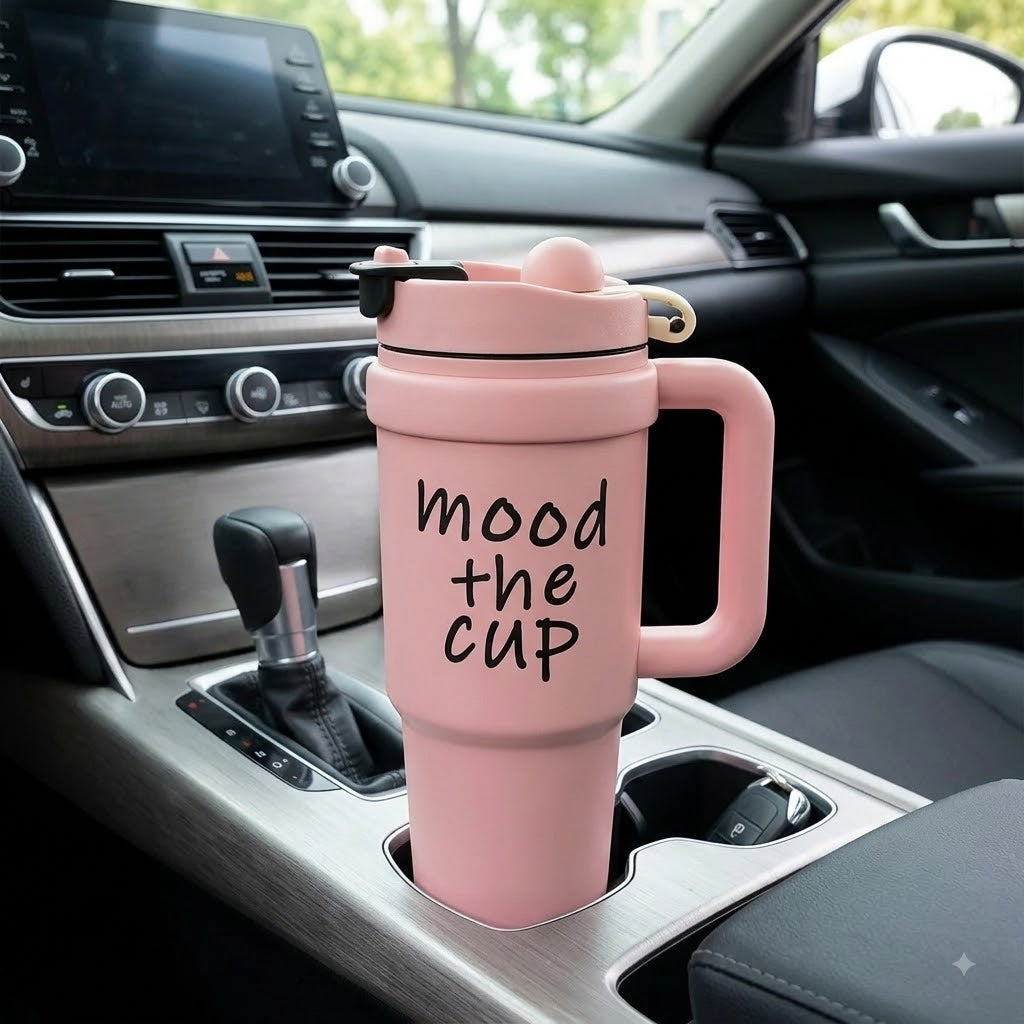 Pink stainless steel water tumbler bottle with Mood the Cup design-5