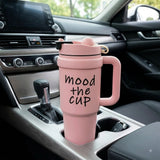 Pink stainless steel water tumbler bottle with Mood the Cup design-5