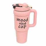 Pink stainless steel water tumbler bottle with Mood the Cup design