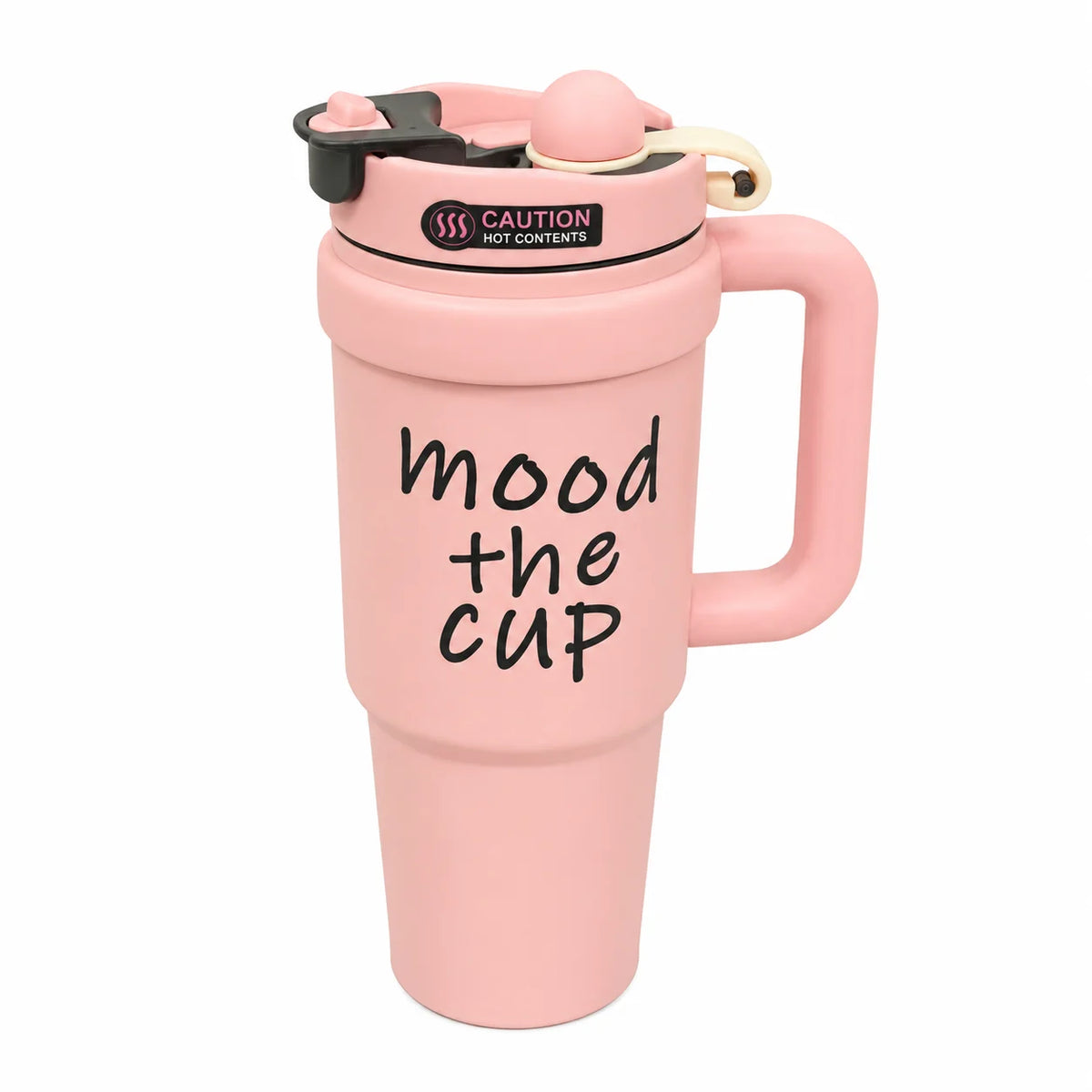 Pink stainless steel water tumbler bottle with Mood the Cup design