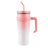 Pink and white gradient insulated travel tumbler with handle, clear lid and reusable straw-1