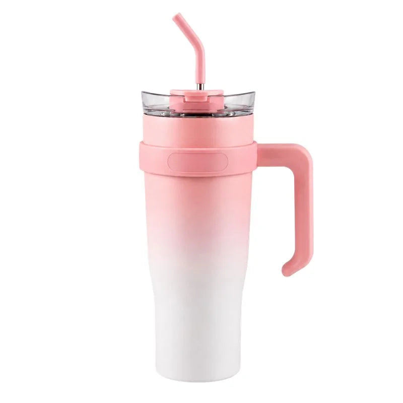 Pink and white gradient insulated travel tumbler with handle, clear lid and reusable straw-4
