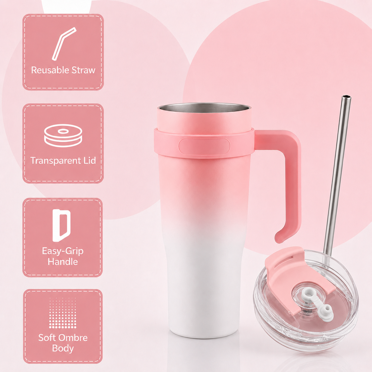 Pink and white gradient insulated travel tumbler with handle, clear lid and reusable straw-5
