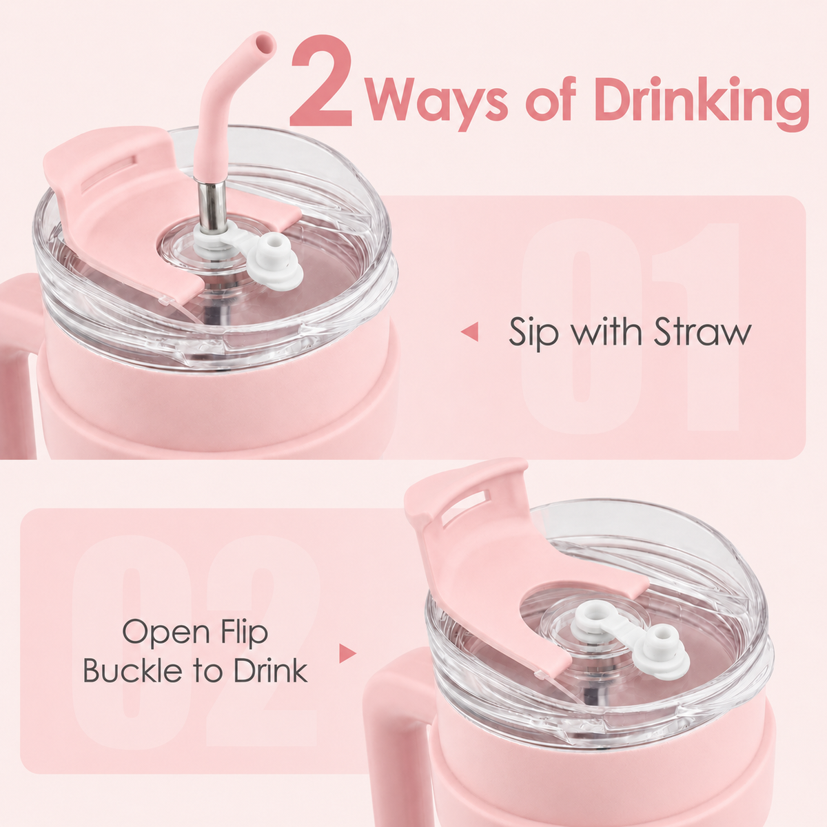 Pink and white gradient insulated travel tumbler with handle, clear lid and reusable straw-6