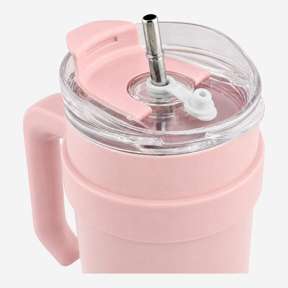 Pink and white gradient insulated travel tumbler with handle, clear lid and reusable straw-8