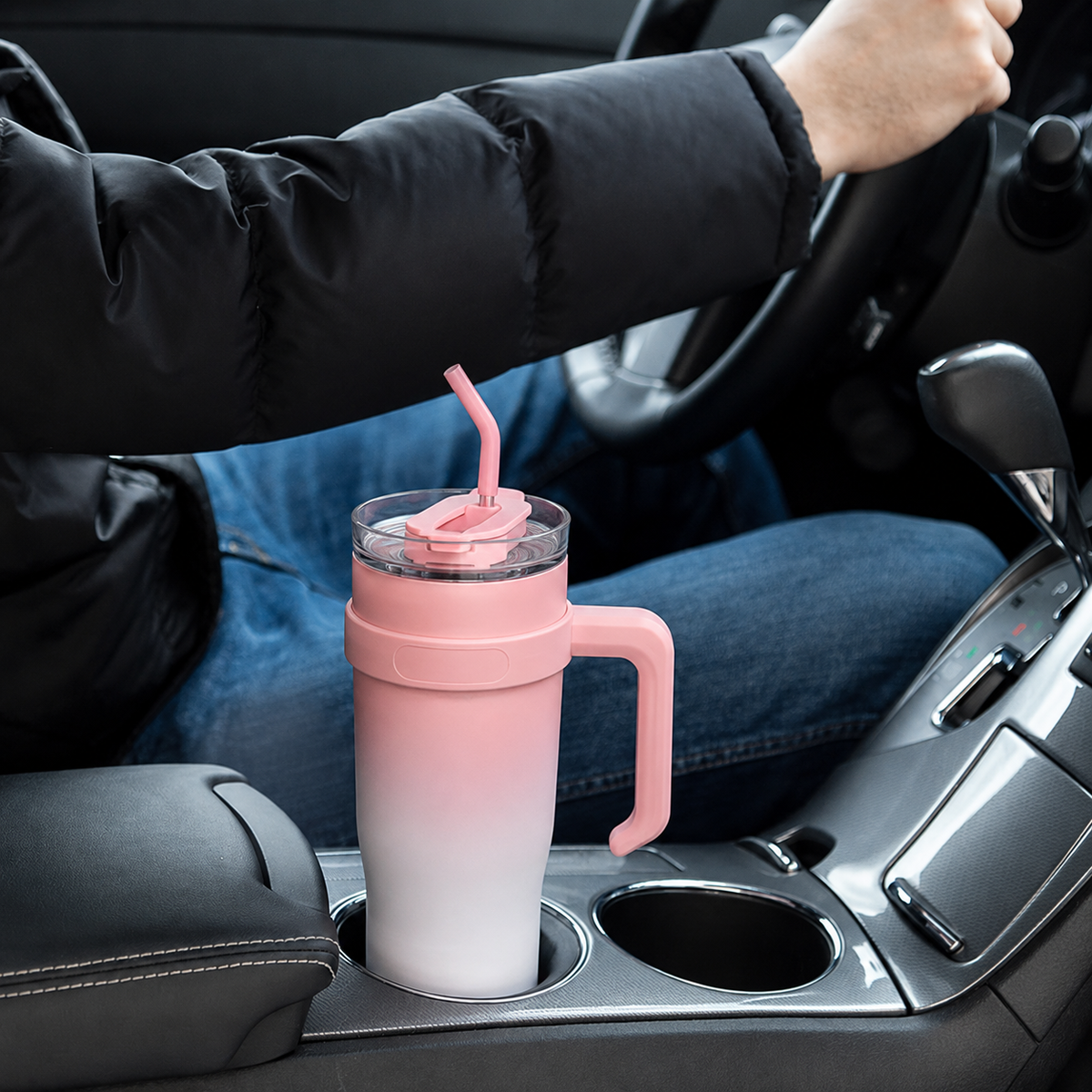 Pink and white gradient insulated travel tumbler with handle, clear lid and reusable straw-9