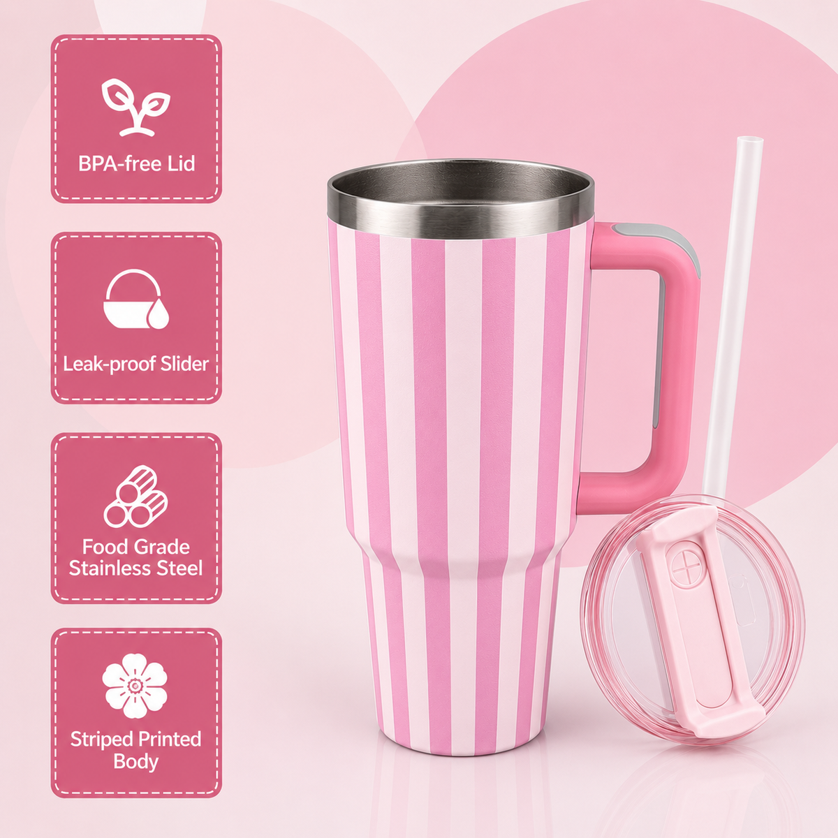 Pink and white stainless steel water tumbler bottle with striped design-1