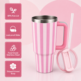 Pink and white stainless steel water tumbler bottle with striped design-1