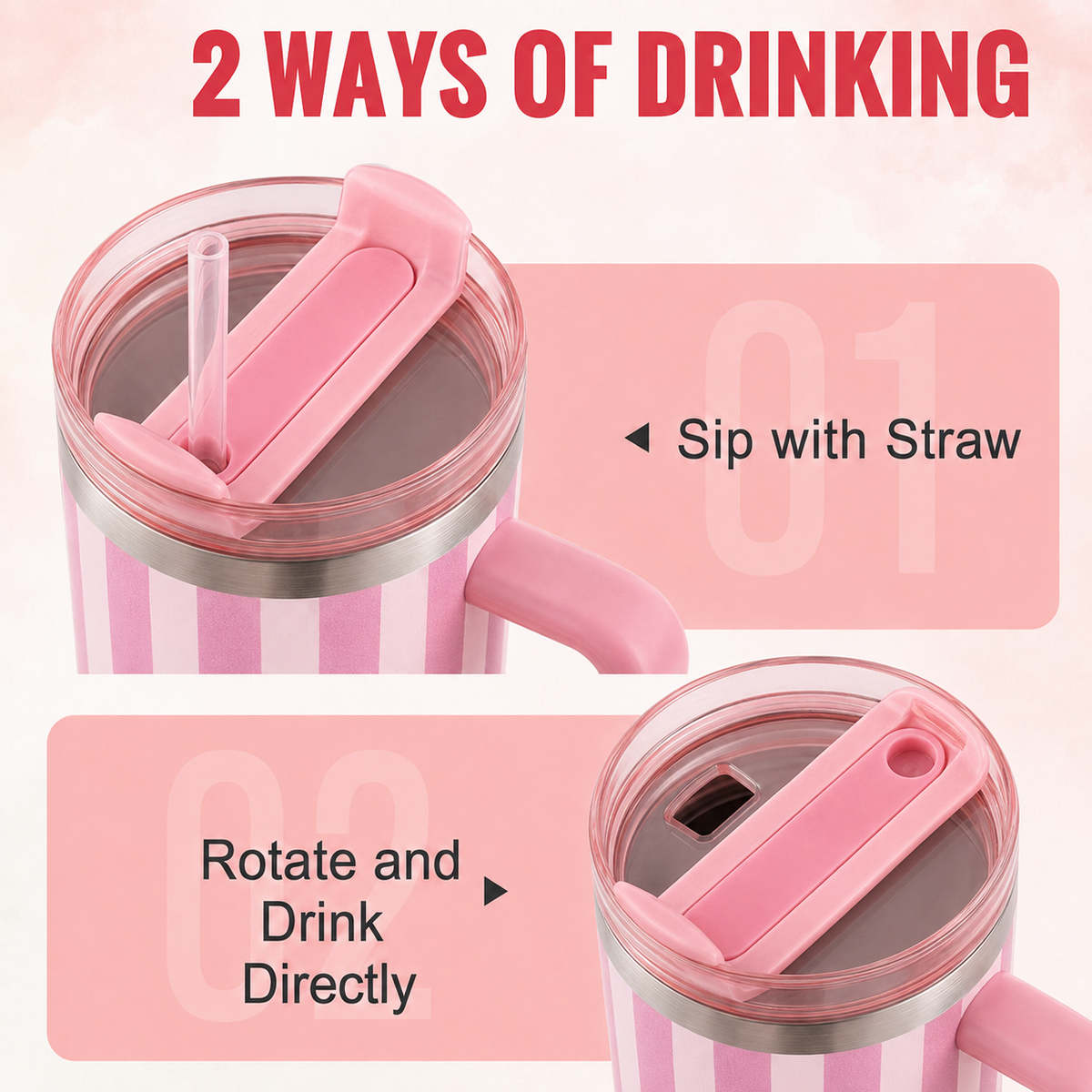 Pink and white stainless steel water tumbler bottle with striped design-2
