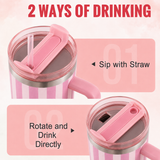 Pink and white stainless steel water tumbler bottle with striped design-2