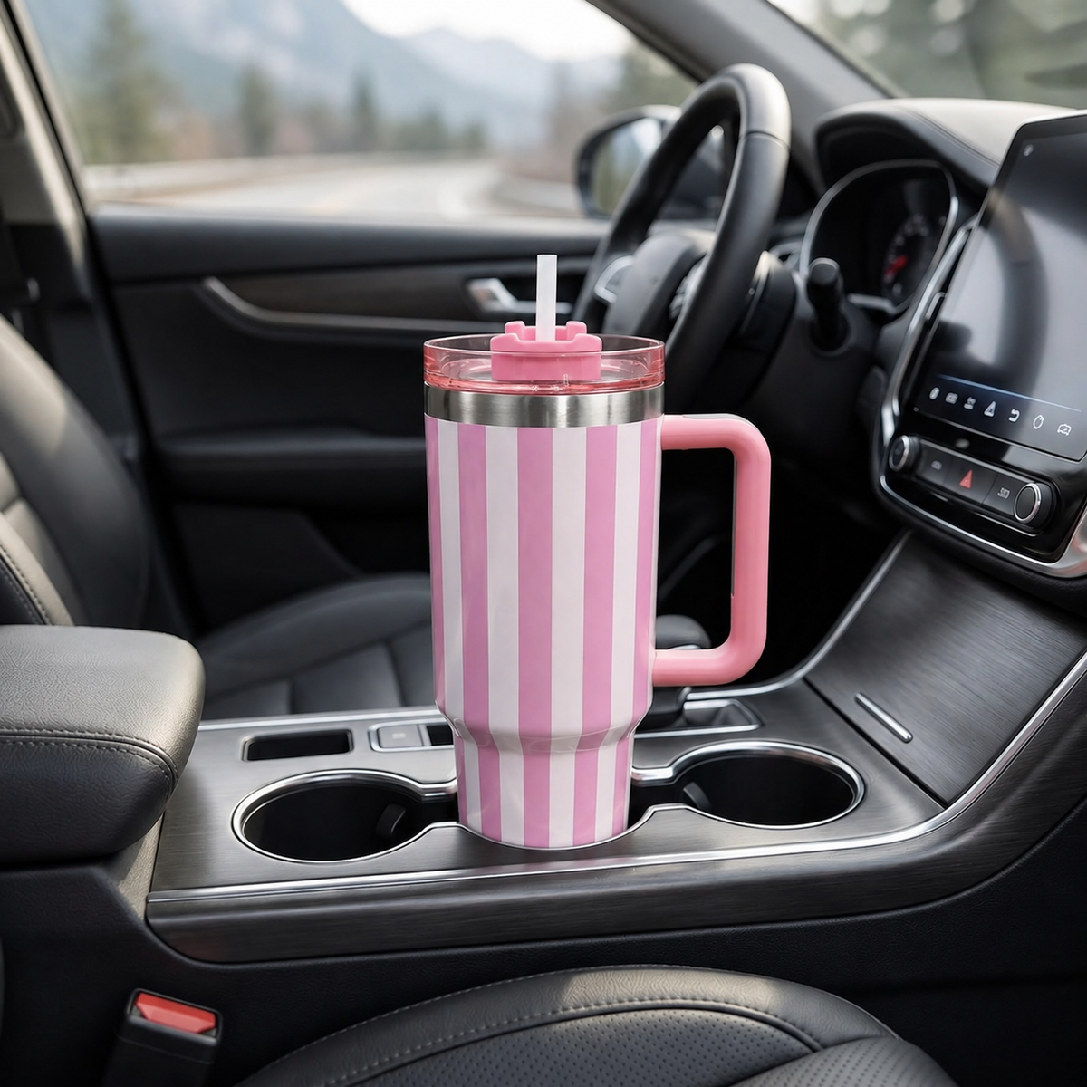 Pink and white stainless steel water tumbler bottle with striped design-3