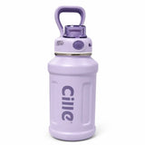 Purple insulated stainless steel water bottle with matching carry handle and push-button lid