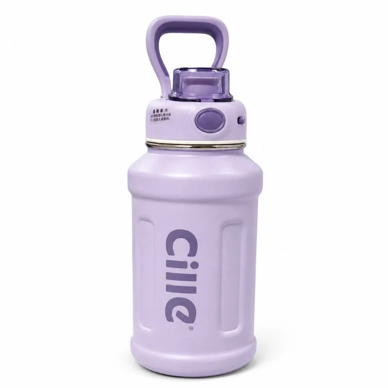 Purple insulated stainless steel water bottle with matching carry handle and push-button lid