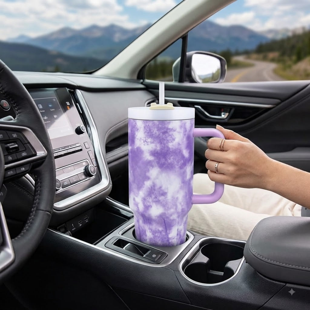 Purple stainless steel water tumbler bottle with tie-dye design-2